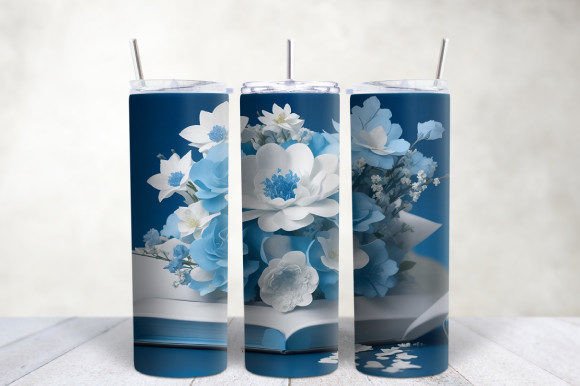 3D White Blue Flowers Book Tumbler Wrap