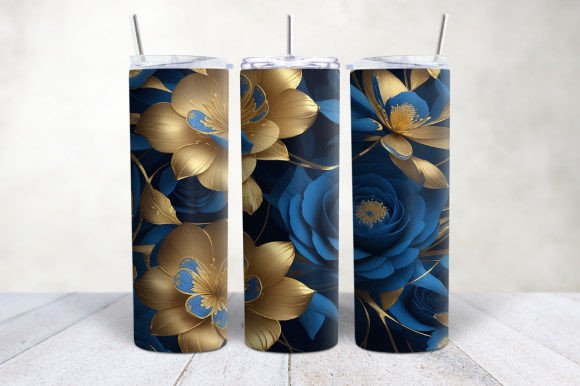 Enhance Your Drinkware with 3D Gold Blue Flowers Tumbler Wrap