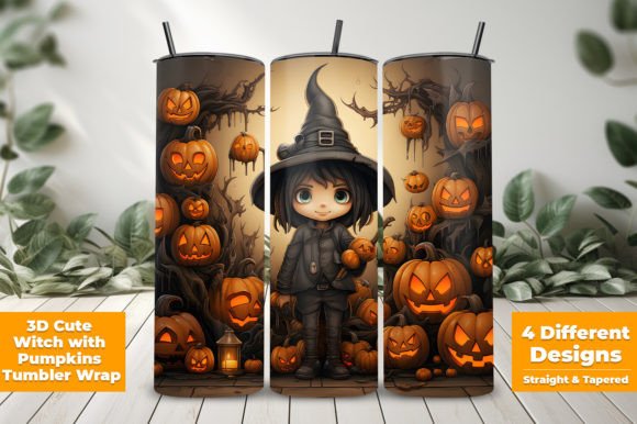 Transform Your Tumblers with the 3D Cute Witch with Pumpkins Tumbler Wrap
